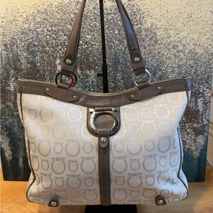 Authentic Salvatore Ferragamo Gancini Canvas & Leather Tote